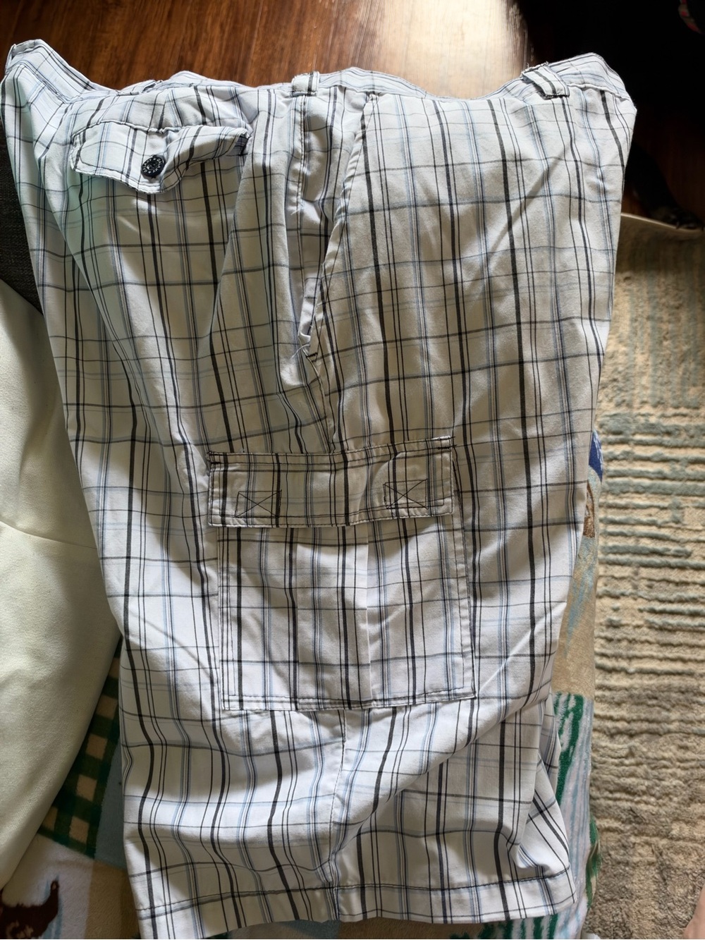 Men's White Plaid Cargo Shorts with Navy Windowpane